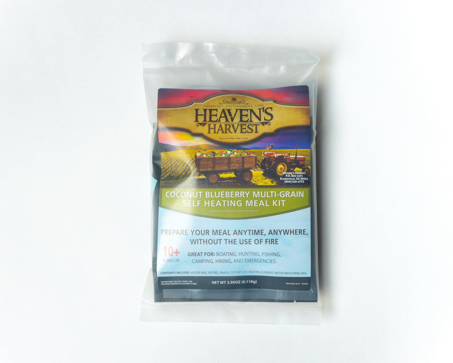 Freeze-dried coconut blueberry multi-grain self-heating meal kit by Heaven's Harvest on white background.