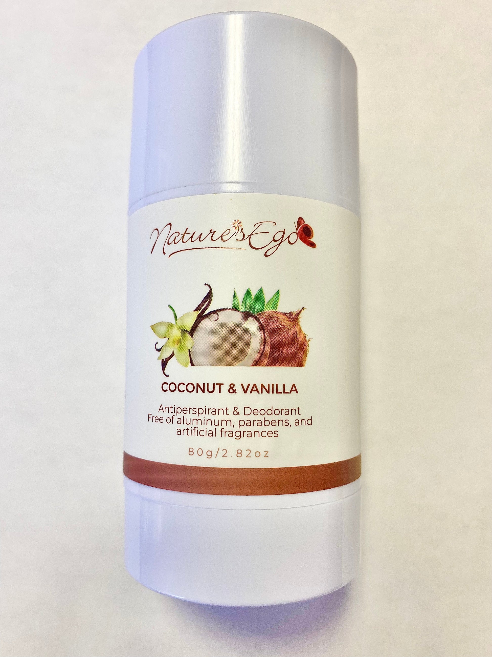 NaturesEgo Coconut & Vanilla deodorant stick with natural ingredients, featuring a smooth, creamy texture and fresh, tropical scent.