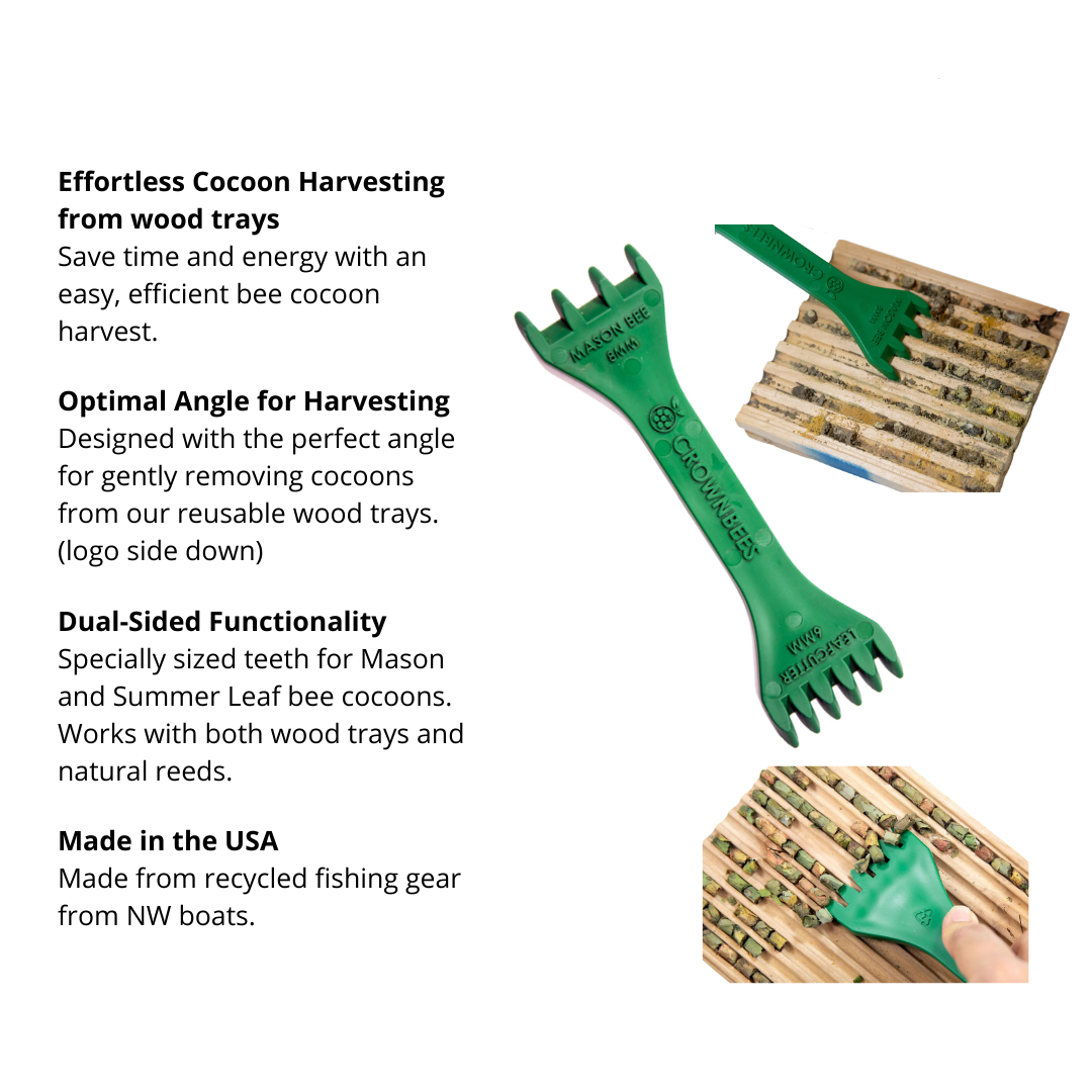 CrownBees cocoon harvesting comb with wooden and plastic parts used for bee cocoon collection and handling.