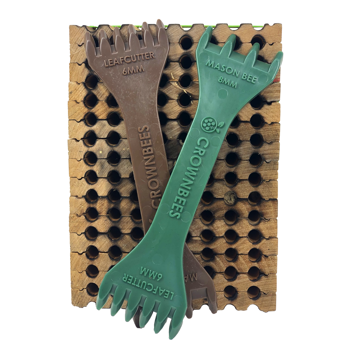 CrownBees cocoon harvesting comb with wooden tray on a neutral background, used for collecting bee cocoons during hive maintenance.