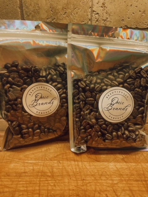 Onic Brands LLC carbon negative Nicaraguan dark roast coffee bag with branding and product label visible.
