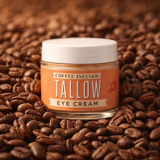 Jar of Lady May Coffee-Infused Tallow Eye Cream surrounded by roasted coffee beans, highlighting natural brightening and revitalizing ingredients.