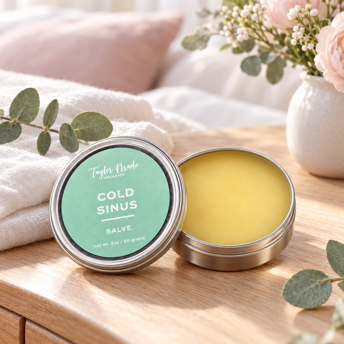 Taylor Made Organics Cold & Sinus Organic Salve in a jar, showing the therapeutic herbal salve for nasal relief and respiratory comfort.