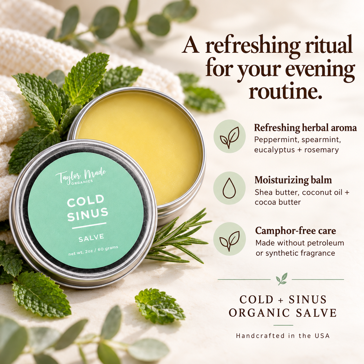 Organic Cold & Sinus Therapeutic Salve by Taylor Made Organics showing its three benefits for congestion relief.