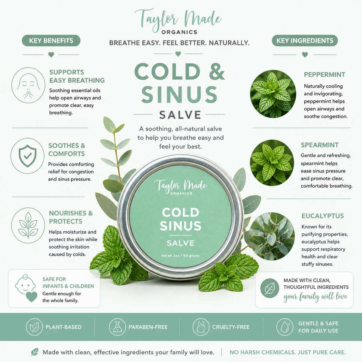 Cold & Sinus Organic Therapeutic Salve by Taylor Made Organics with key natural ingredients and herbal extracts for sinus relief.