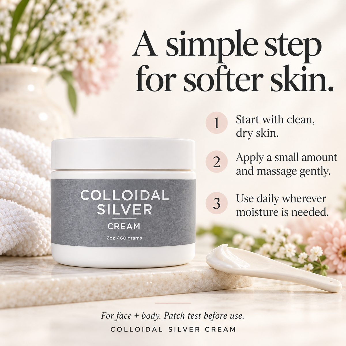 Organic colloidal silver cream by Taylor Made Organics, showing how to apply the therapeutic cream on skin.