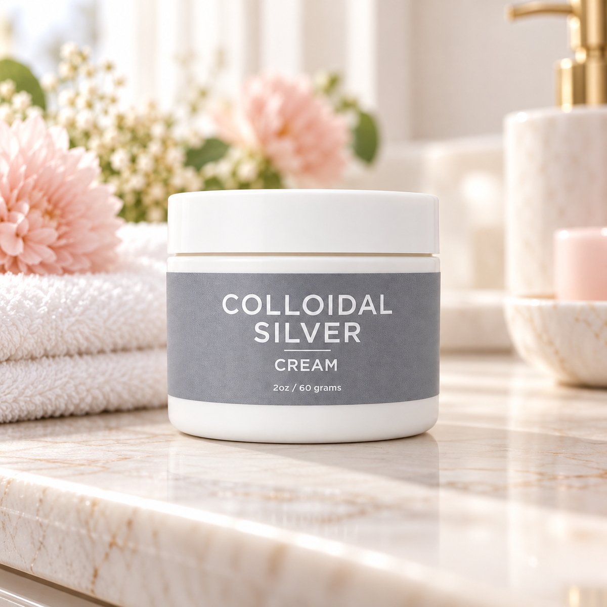 Organic colloidal silver cream by Taylor Made Organics, showing the therapeutic cream container and natural skincare setup.