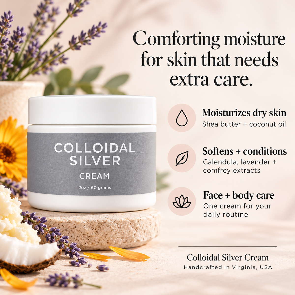 Organic colloidal silver cream by Taylor Made Organics, showing a jar of therapeutic skincare cream with silver-infused formula.