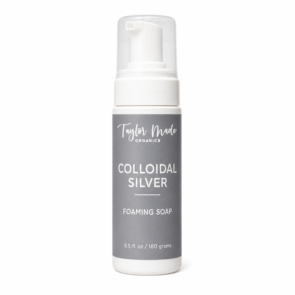 Organic colloidal silver foaming soap bar by Taylor Made Organics, sulfate-free, with a natural foaming texture and packaging.