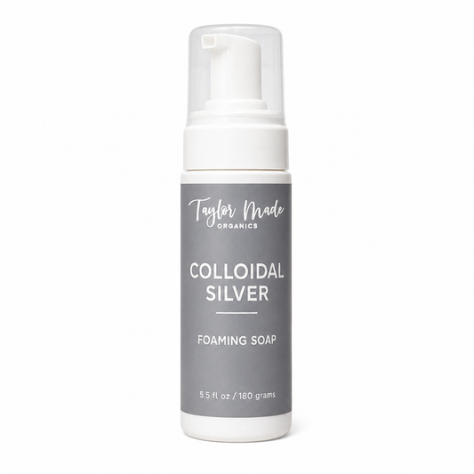 Organic colloidal silver foaming soap bar by Taylor Made Organics, sulfate-free, with a natural foaming texture and packaging.