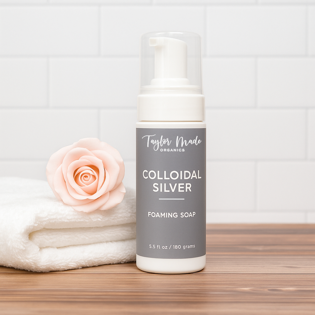 Organic colloidal silver foaming soap bar by Taylor Made Organics with natural foam and sulfate-free formula.