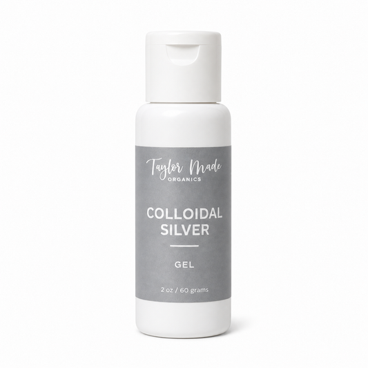 Organic colloidal silver gel in a therapeutic cream tub by Taylor Made Organics, showing the product container and label.
