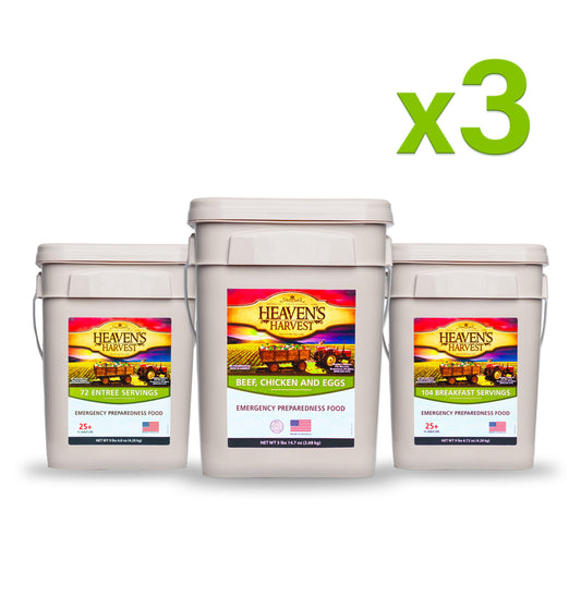 Heaven's Harvest emergency survival food combo kit with breakfast, entree, and protein servings for 3 months, 308 total servings.