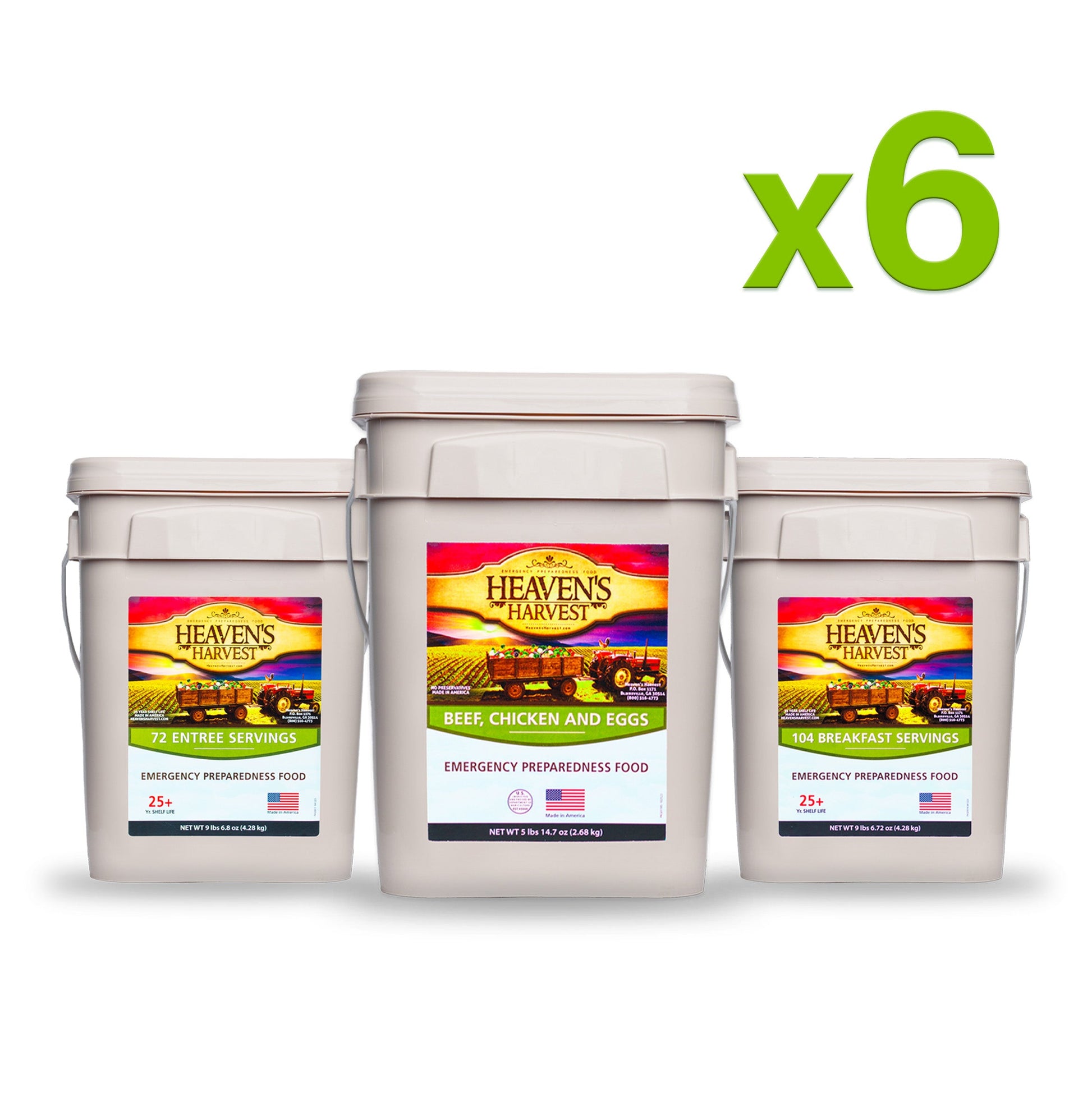 Heaven's Harvest breakfast, entree, and protein combo survival kit with 6 months of emergency food supply.