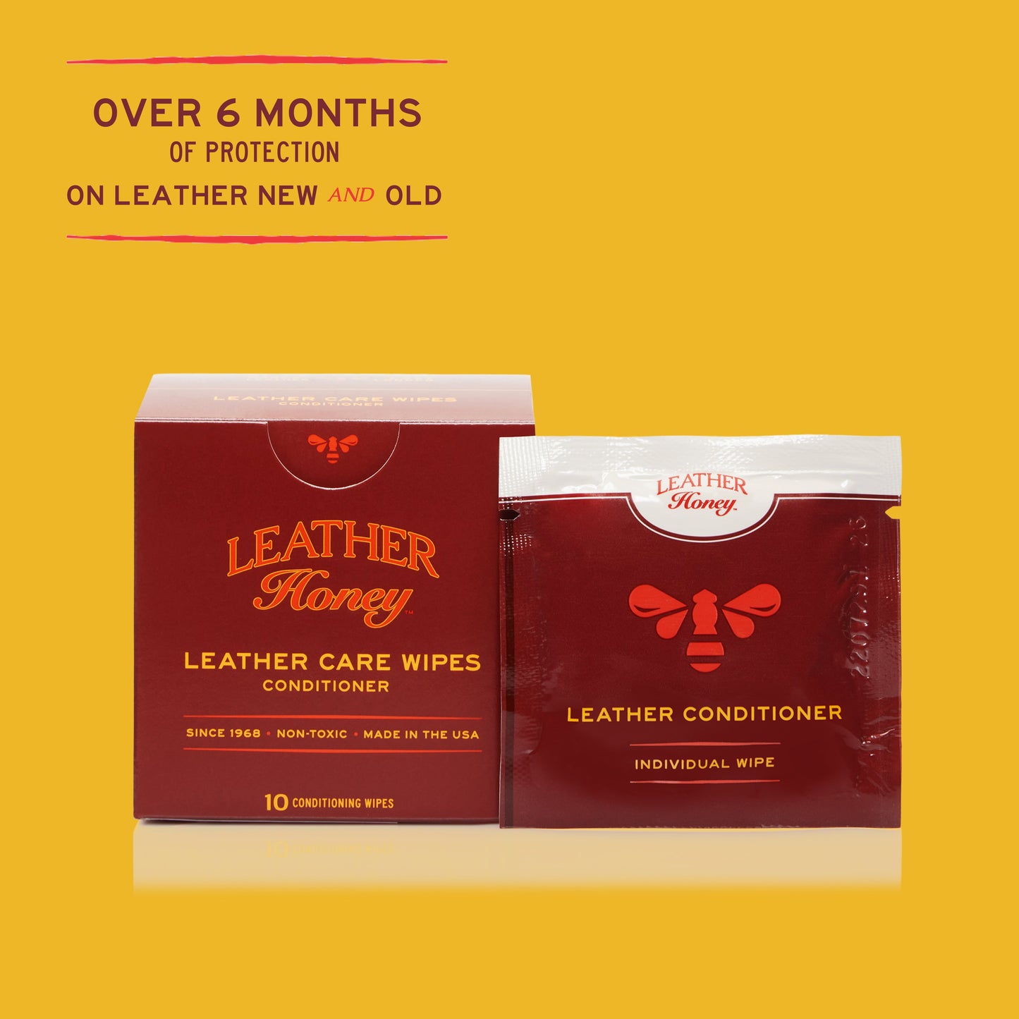 Leather Honey Leather Care Wipes pack showing 10 conditioner wipes for cleaning and conditioning leather surfaces.