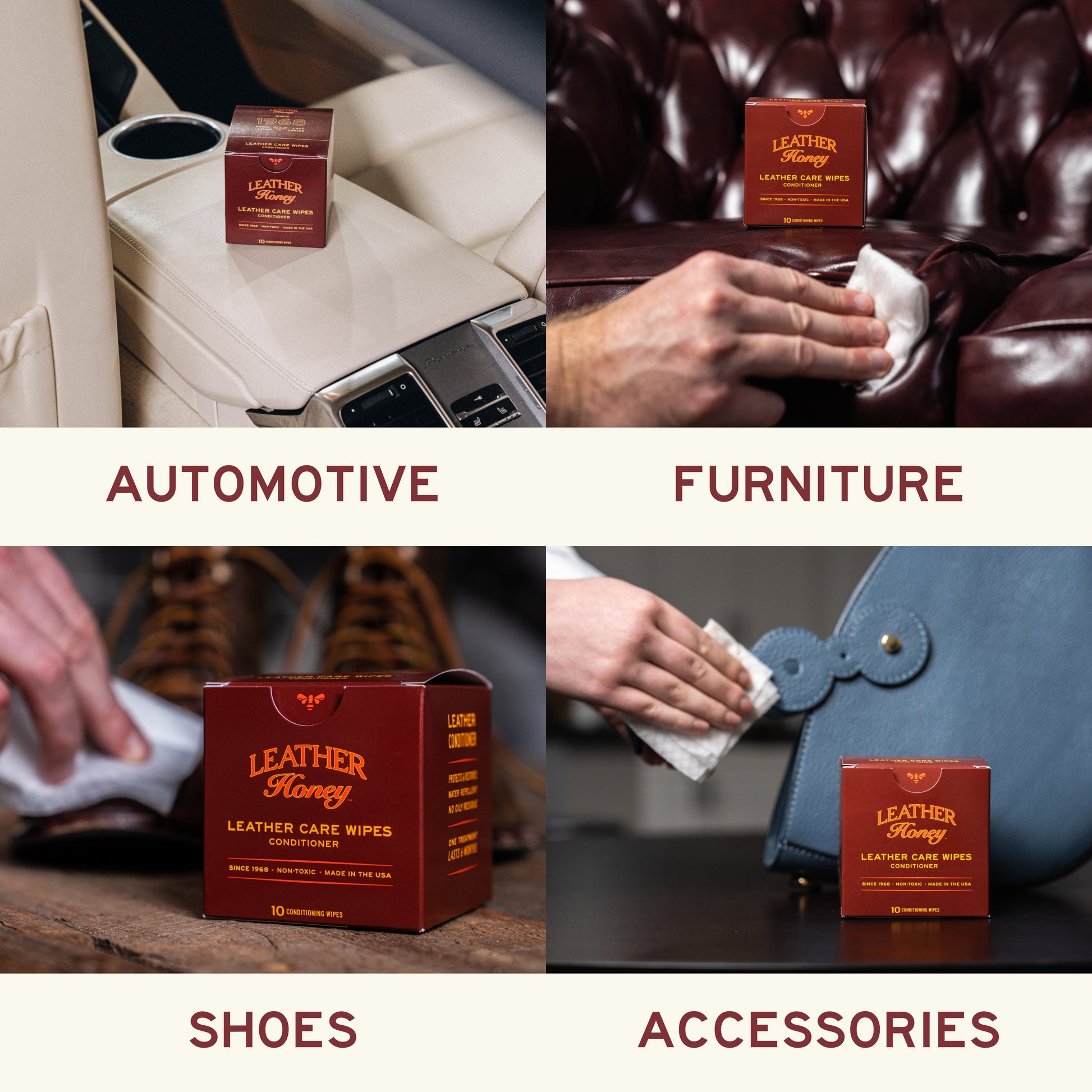 Leather Honey Leather Care Wipes, a pack of 10, featuring soft wipes designed for cleaning and conditioning leather surfaces.
