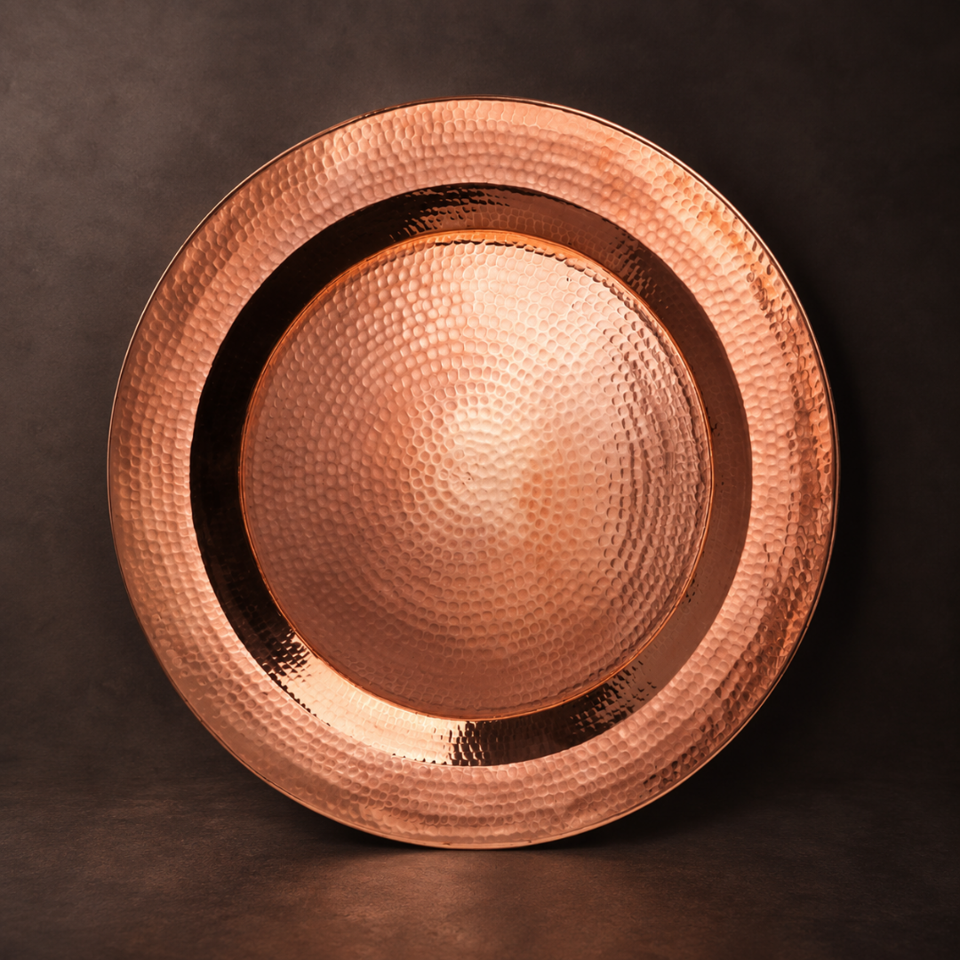 Sertodo Copper Thessaly round platter with polished copper surface, perfect for serving food and decorative displays.