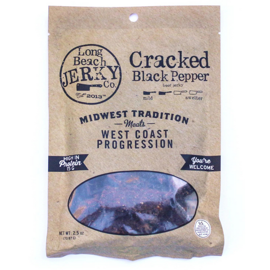 Cracked black pepper beef jerky from BuyNebraska.com, 2.5 oz package, showing seasoned jerky slices with cracked black pepper.
