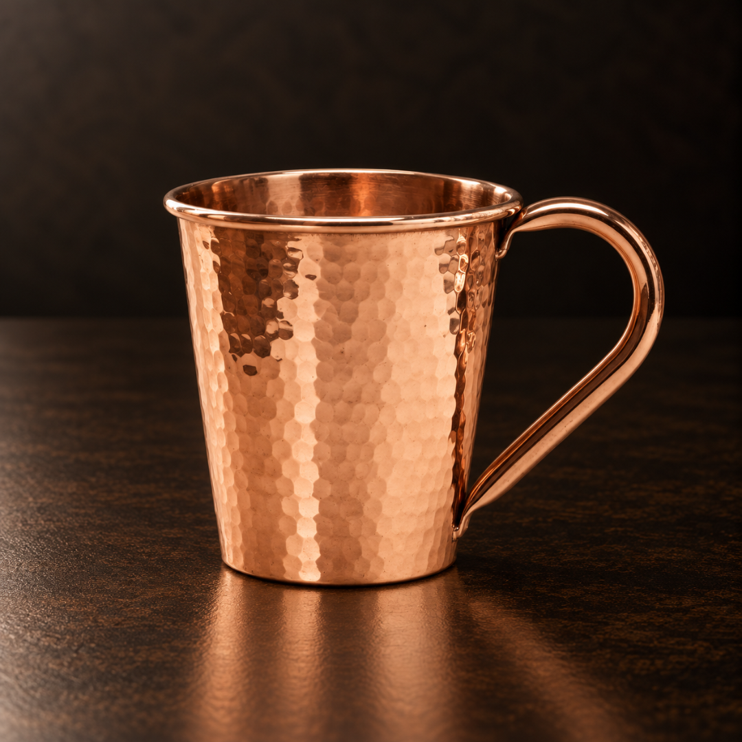 Sertodo solid copper mule mug with copper handle, 18 oz capacity, featuring a shiny, handcrafted design for cocktails or beverages.