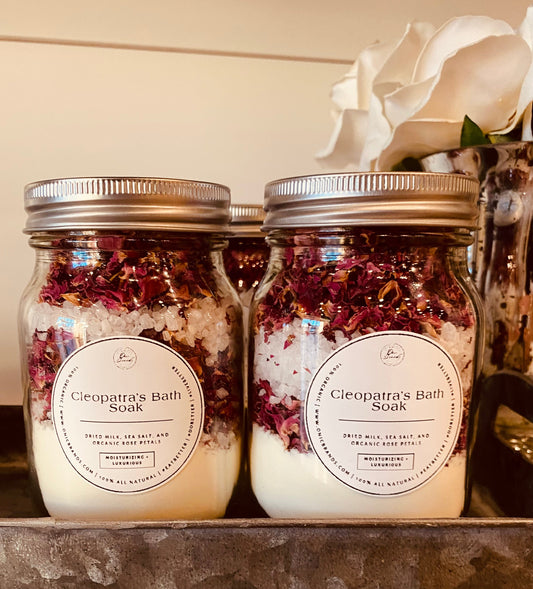 Onic Brands Cleopatra Bath Soak in a decorative jar with natural ingredients, ideal for relaxing bath experiences.