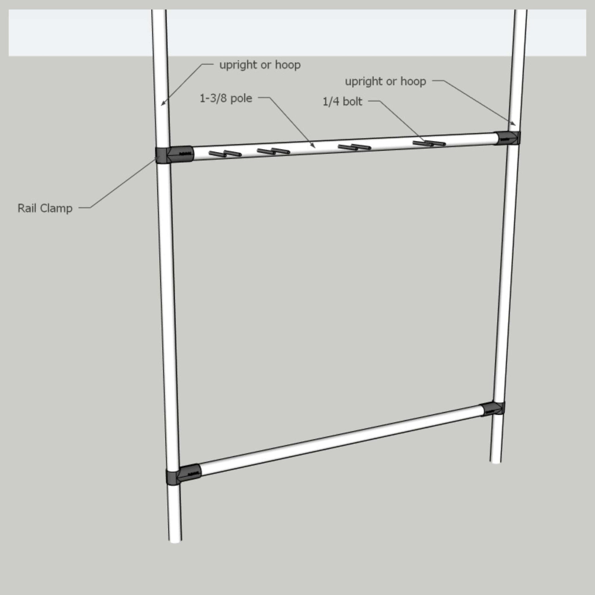Bootstrap Farmer DIY garden tool organizer kit mounted on 1 ⅜-inch fence rail pipe, with various gardening tools attached.