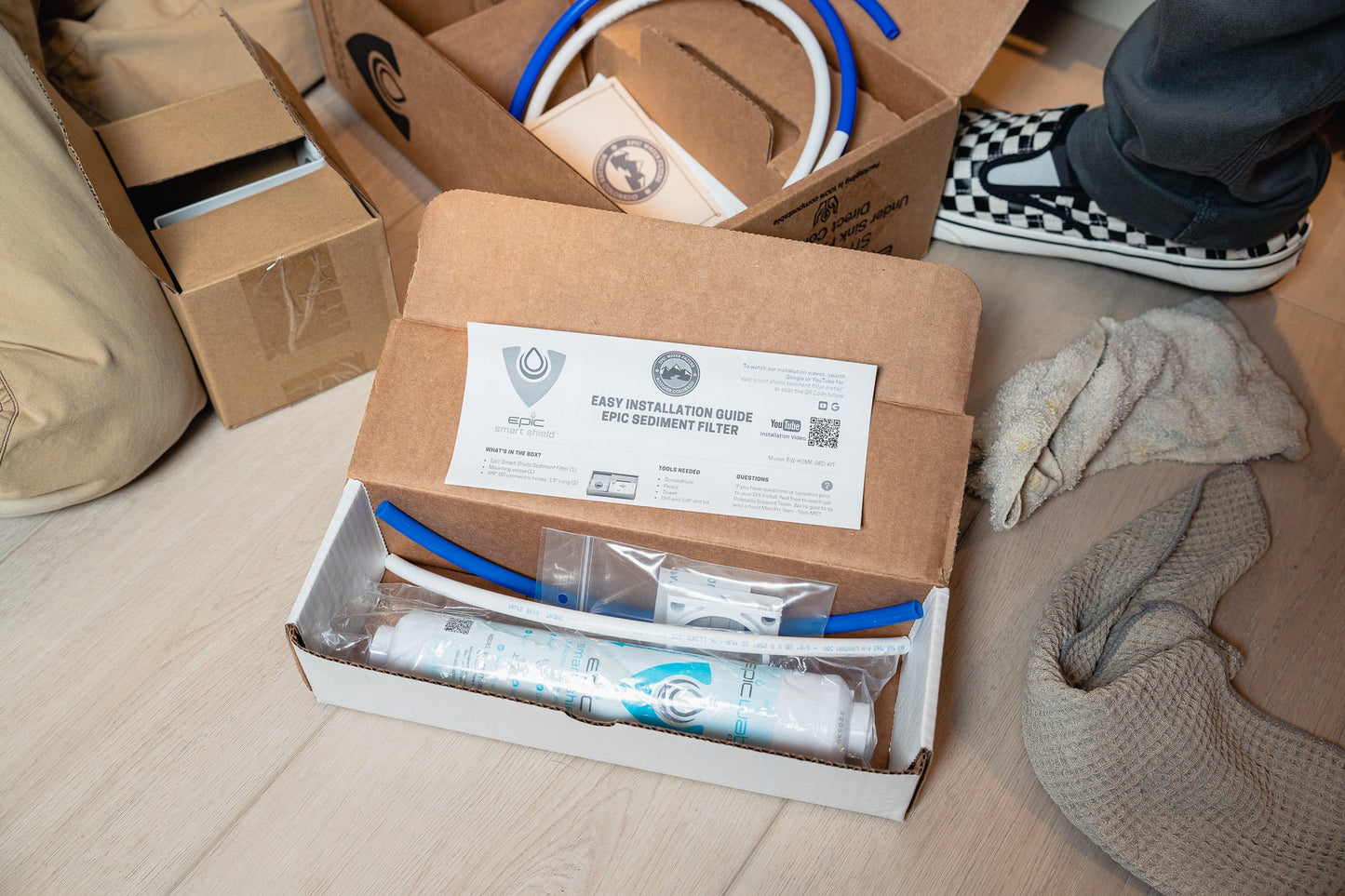 Smart sediment filter kit by Epic Water Filters USA, showing the filter components and assembly for clean water filtration.