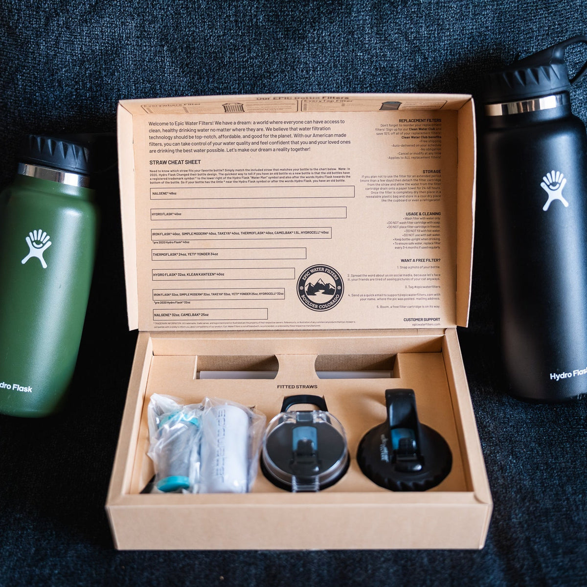 Epic Water Filters USA The Answer 2.0 reusable water bottle with compatible lid, shown in blue with a sleek design.