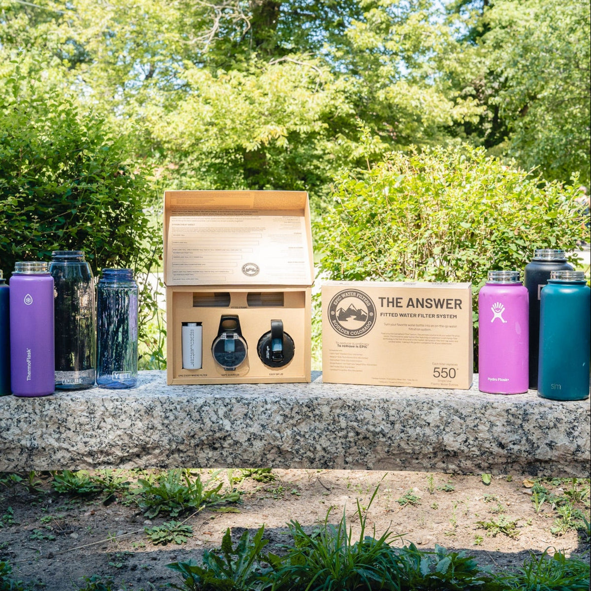 Epic Water Filters The Answer 2.0 reusable water bottle compatible with Hydro Flask and Nalgene, shown with sleek design and durable build.