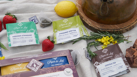 Box of 12 Piper and Leaf Tea Co. caffeinated tea bags for tasting flights, with individual tea bags displayed in a box.