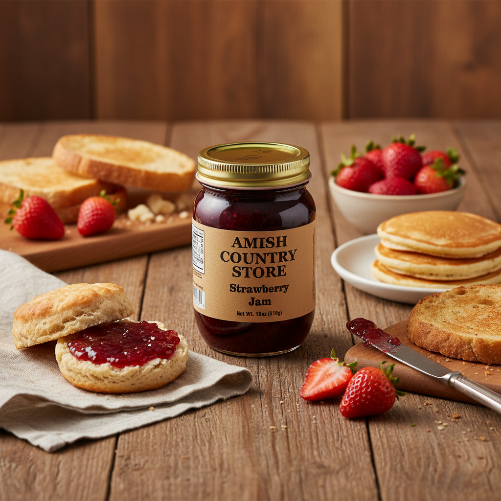 Canned Amish Country Store strawberry jam jar with red and white label, 18 oz, featuring fresh strawberries on a white background