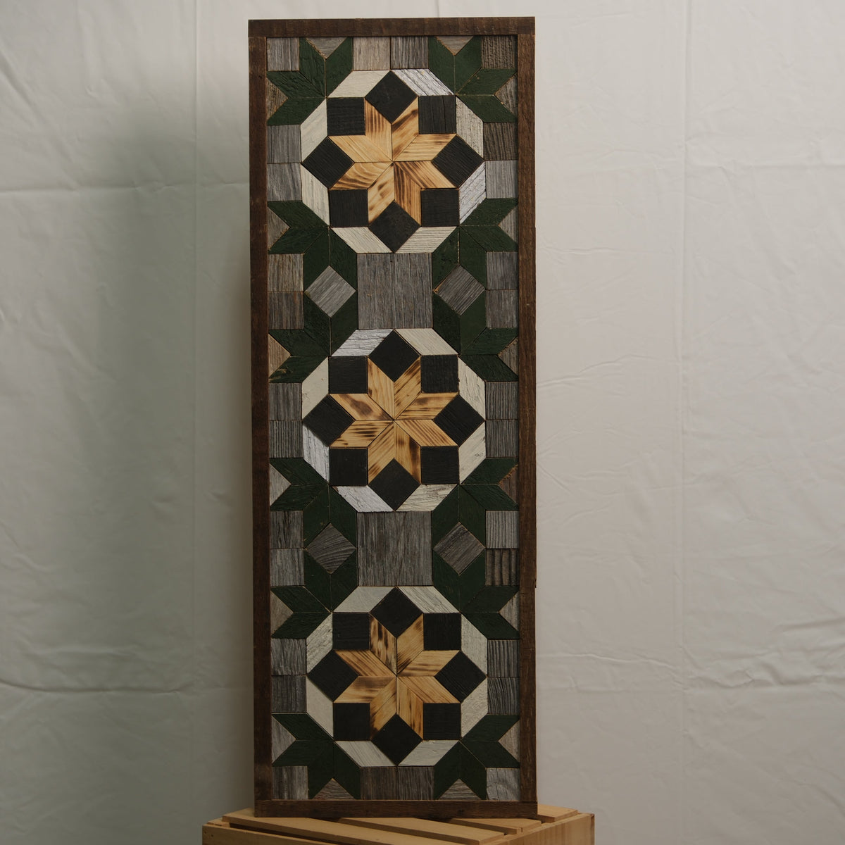 Amish Handmade Barn Quilt Banner with colorful geometric pattern, measuring 10.5 x 30 inches, from Amish Country Store.