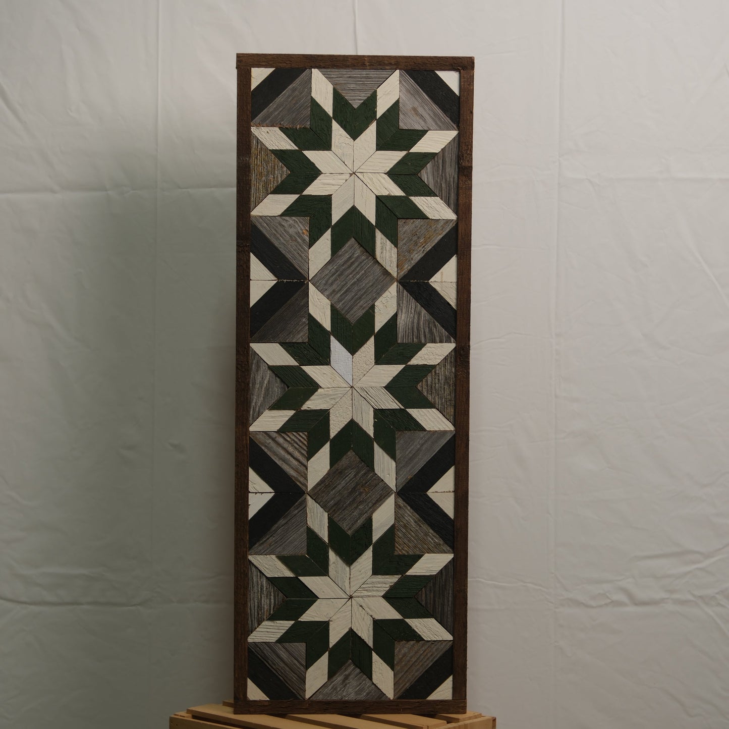 Amish handmade barn quilt banner in vibrant patterns, measuring 10.5 x 30 inches, showcasing traditional Amish craft.