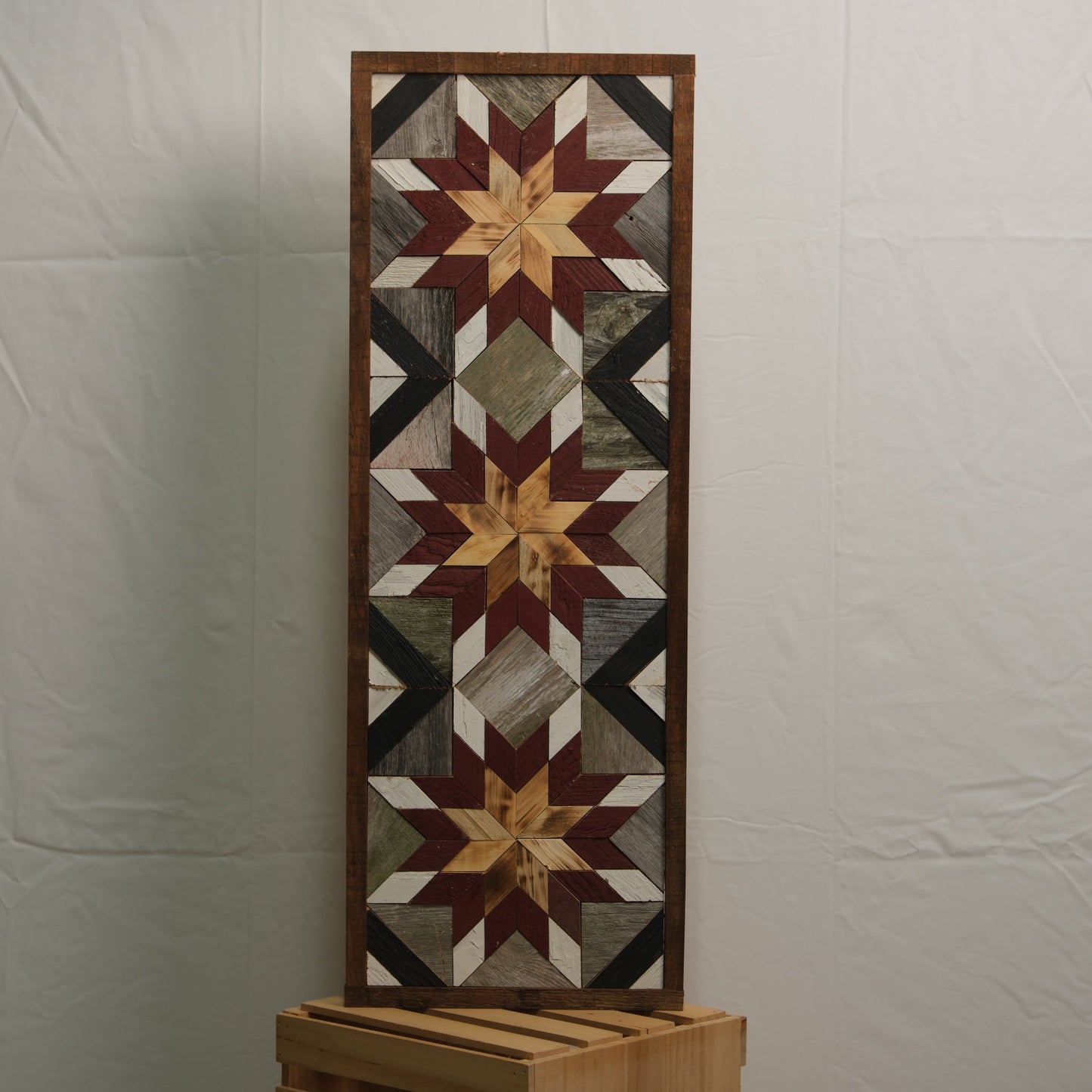 Amish handmade barn quilt banner featuring colorful geometric patterns, measuring 10.5 x 30 inches, by Amish Country Store.