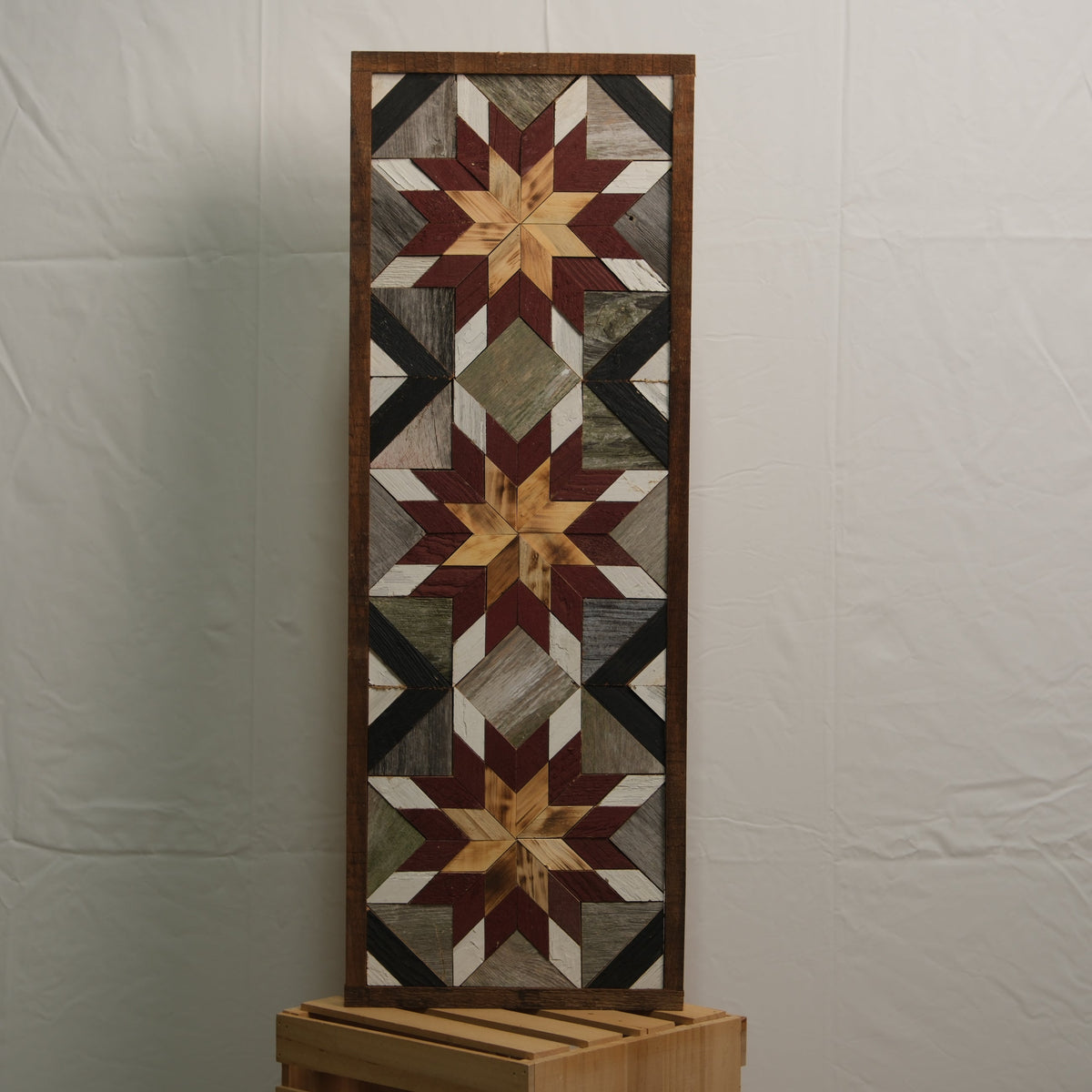 Amish Handmade Barn Quilt banner, 10.5 x 30 inches, featuring traditional geometric patterns, crafted by Amish artisans.