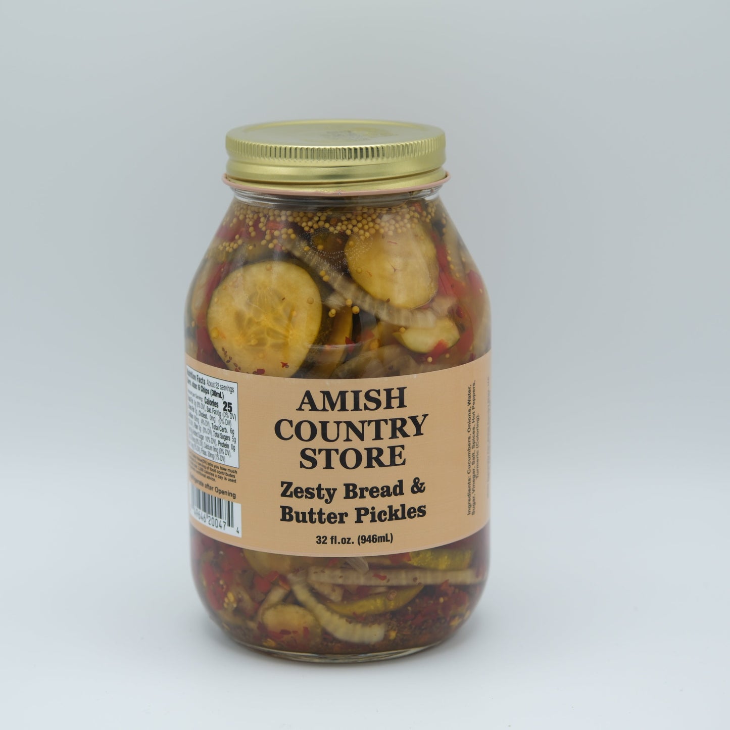 Canned Amish Country Store Zesty Bread & Butter Pickles jar with label, showcasing the 32 oz size and colorful packaging.