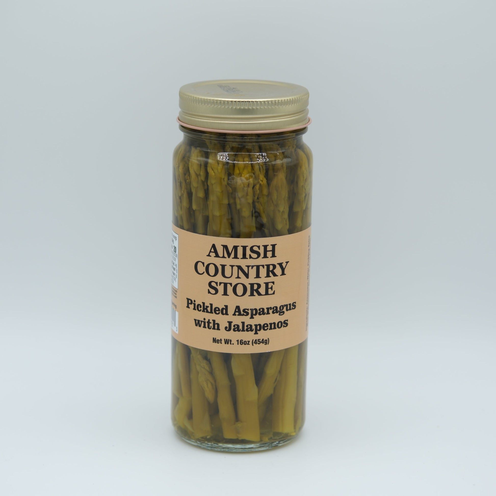 Canned Amish Country Store pickled asparagus with jalapenos in a 16oz jar, showcasing bright green asparagus and spicy jalapenos.