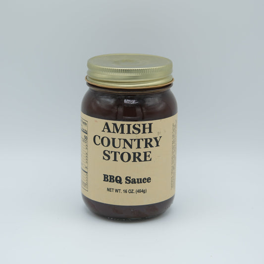 Canned Amish Country Store BBQ Sauce 16 oz jar, featuring a label with smoky flavor and rich tomato base.
