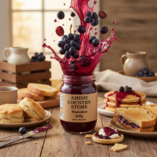 Canned Muscadine Jelly 18oz jar from Amish Country Store, showcasing the jar with a golden jelly filling and label.
