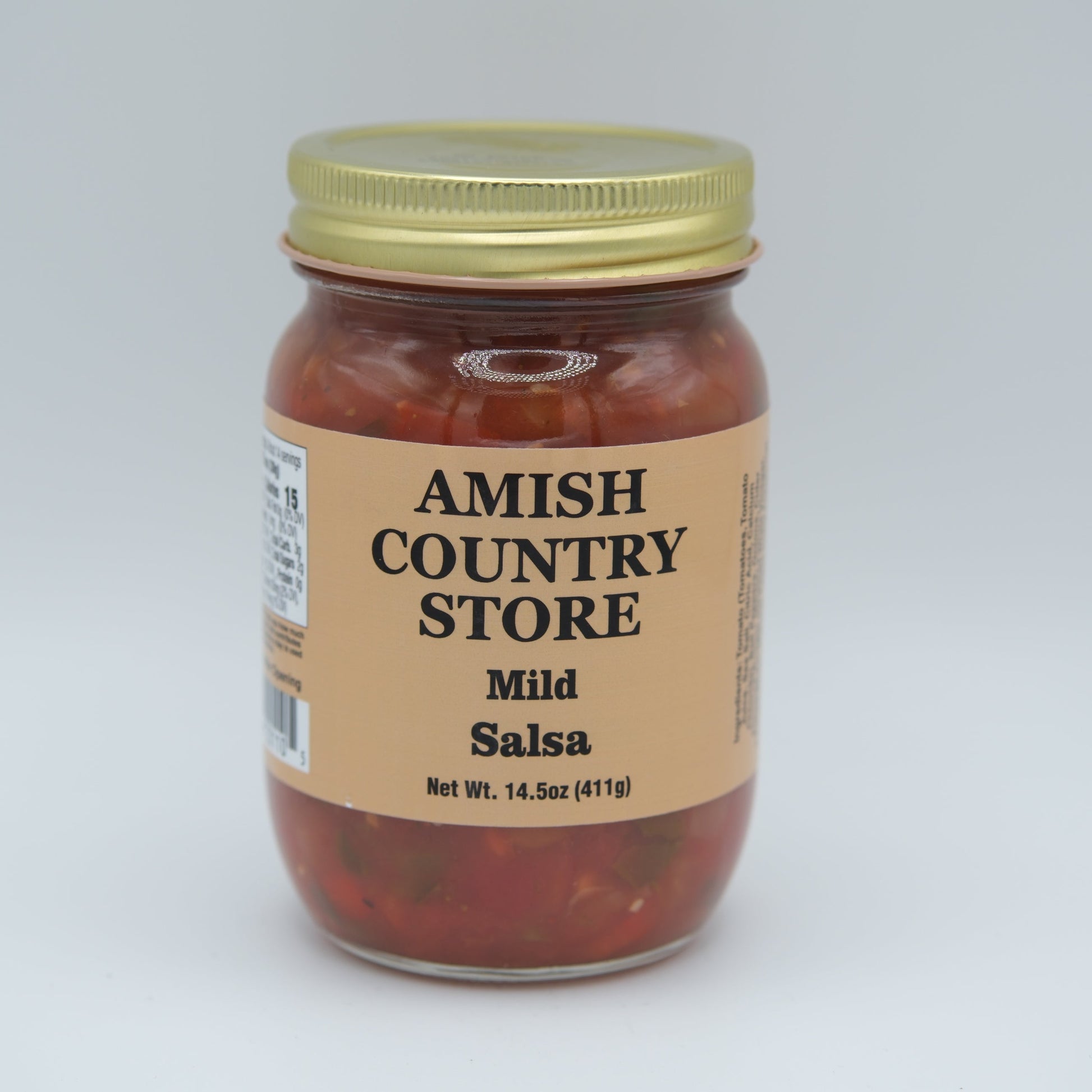 Canned Amish Country Store Mild Salsa in a 14.5 oz can, showcasing the label and product details on the lid.