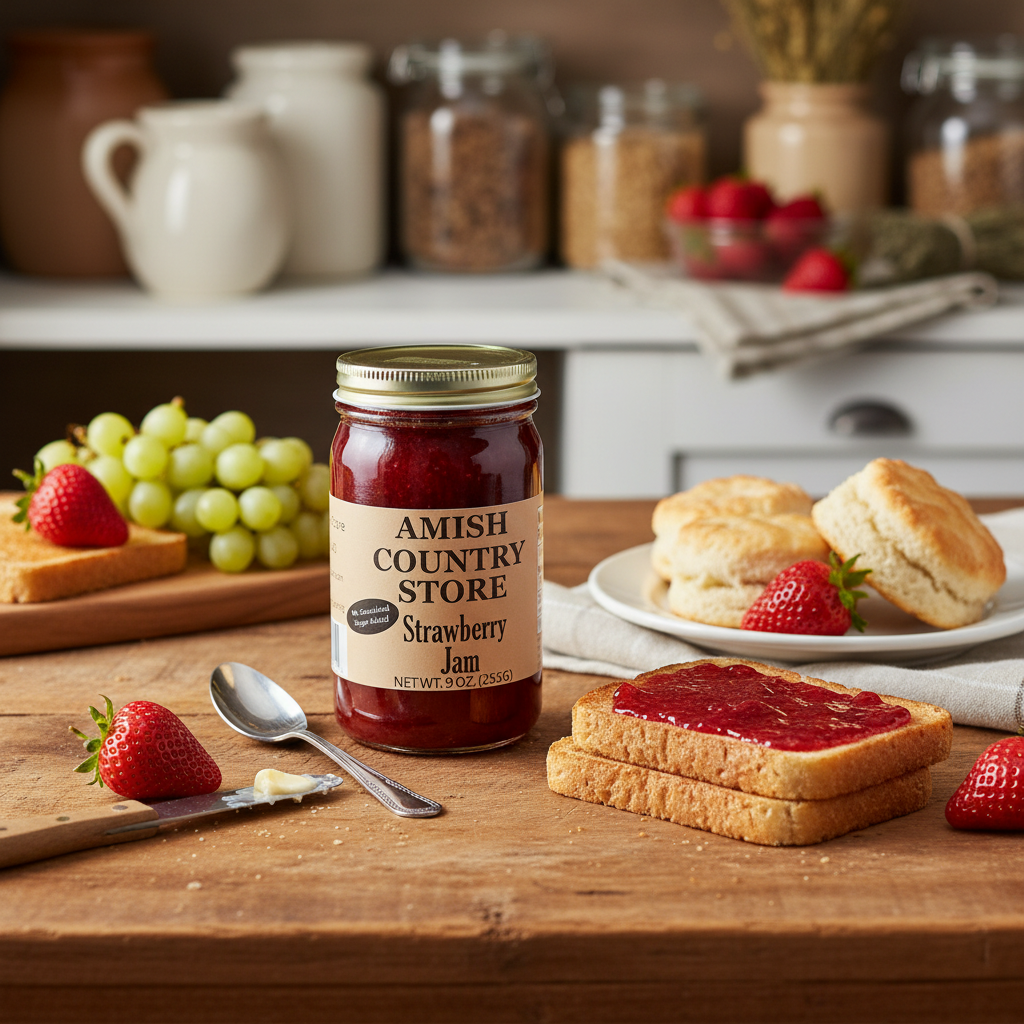 Canned Amish Country Store strawberry jam with no sugar added in an 8 oz jar, showing the jar with a label and fresh strawberries.