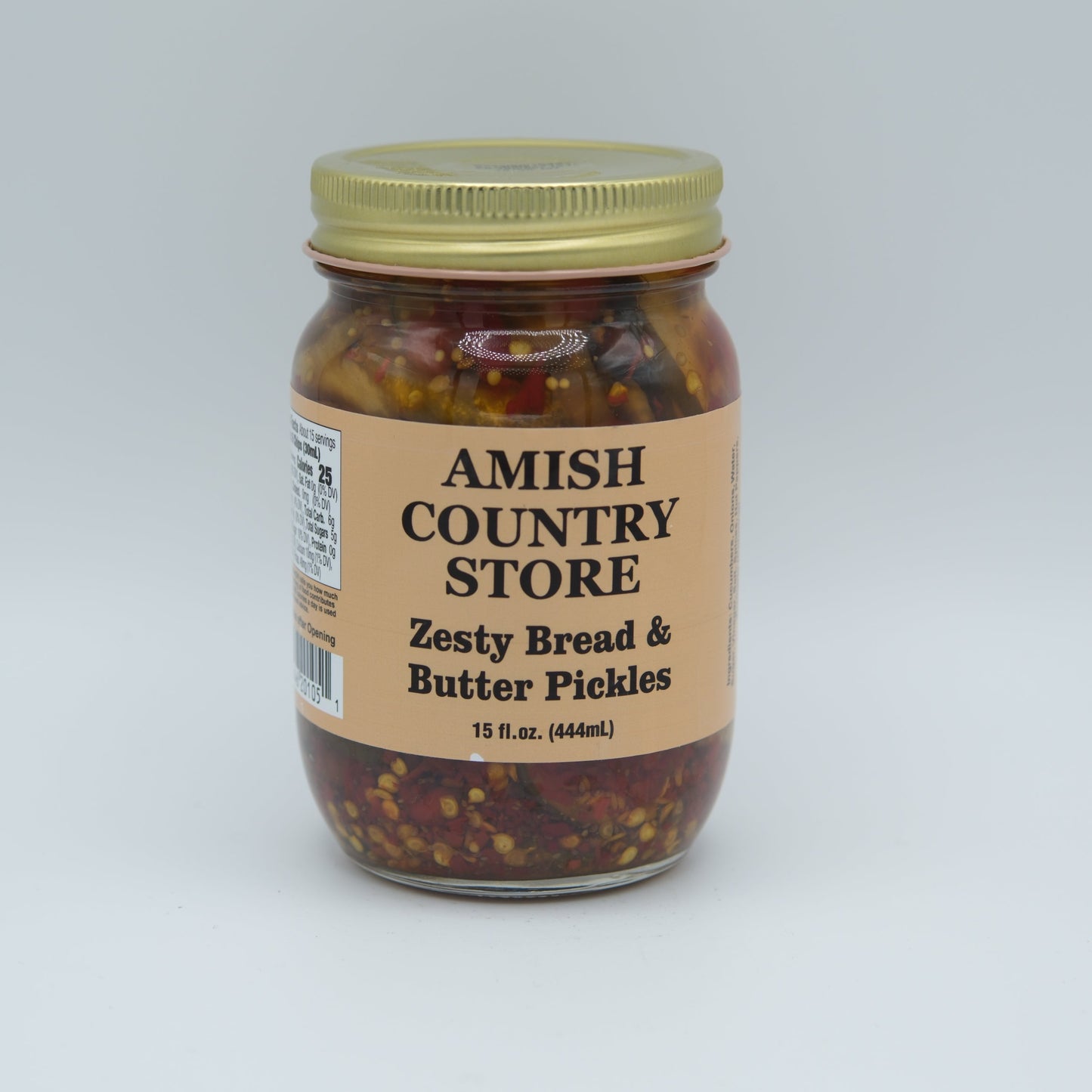 Jar of Amish Country Store Zesty Bread & Butter Pickles in a 32 oz can, with vibrant pickle slices visible.