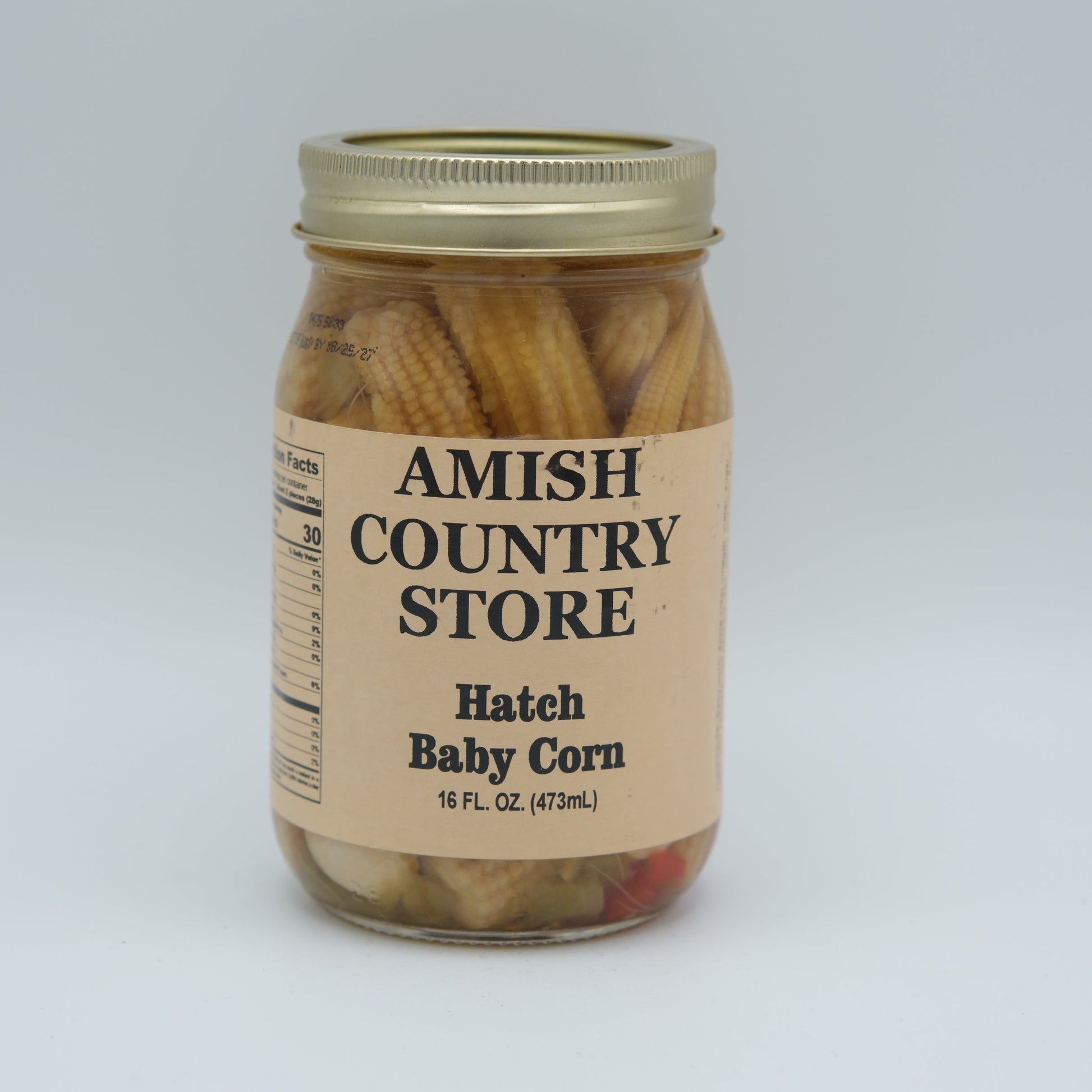 Canned Amish Country Store Hatch Baby Corn in 16oz, bright yellow corn kernels in a can, ideal for cooking and salads.