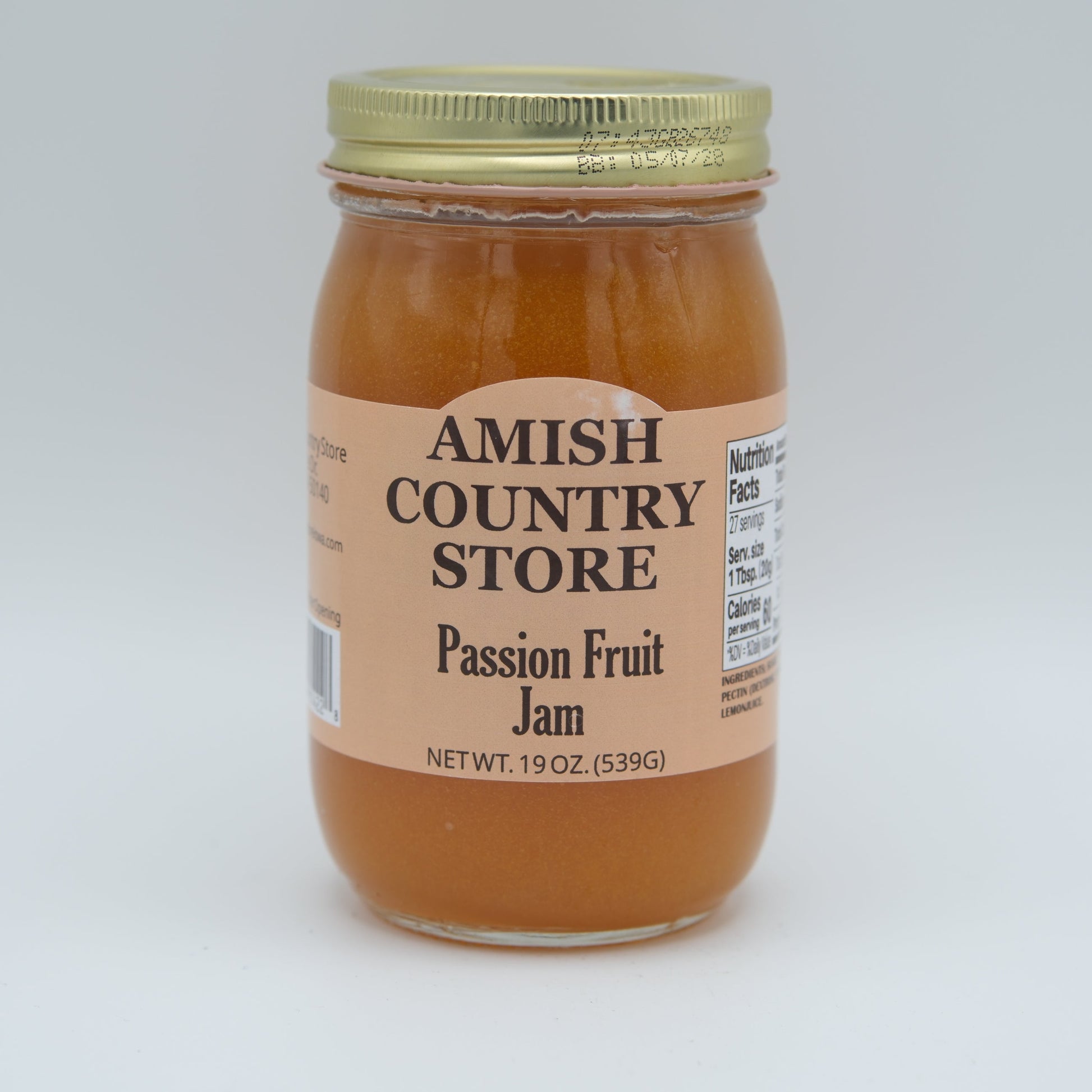 Amish Country Store passion fruit jam jar featuring a colorful label and lid, showcasing the Amish jam product.