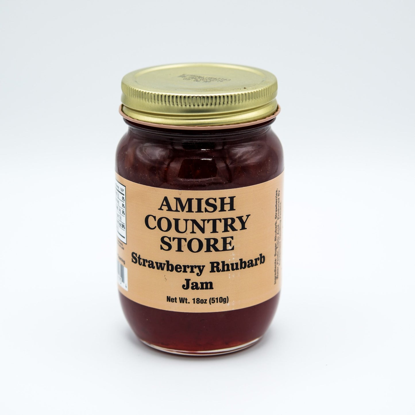 Amish Country Store strawberry rhubarb jam in an 18 oz canned good jar with a colorful label.