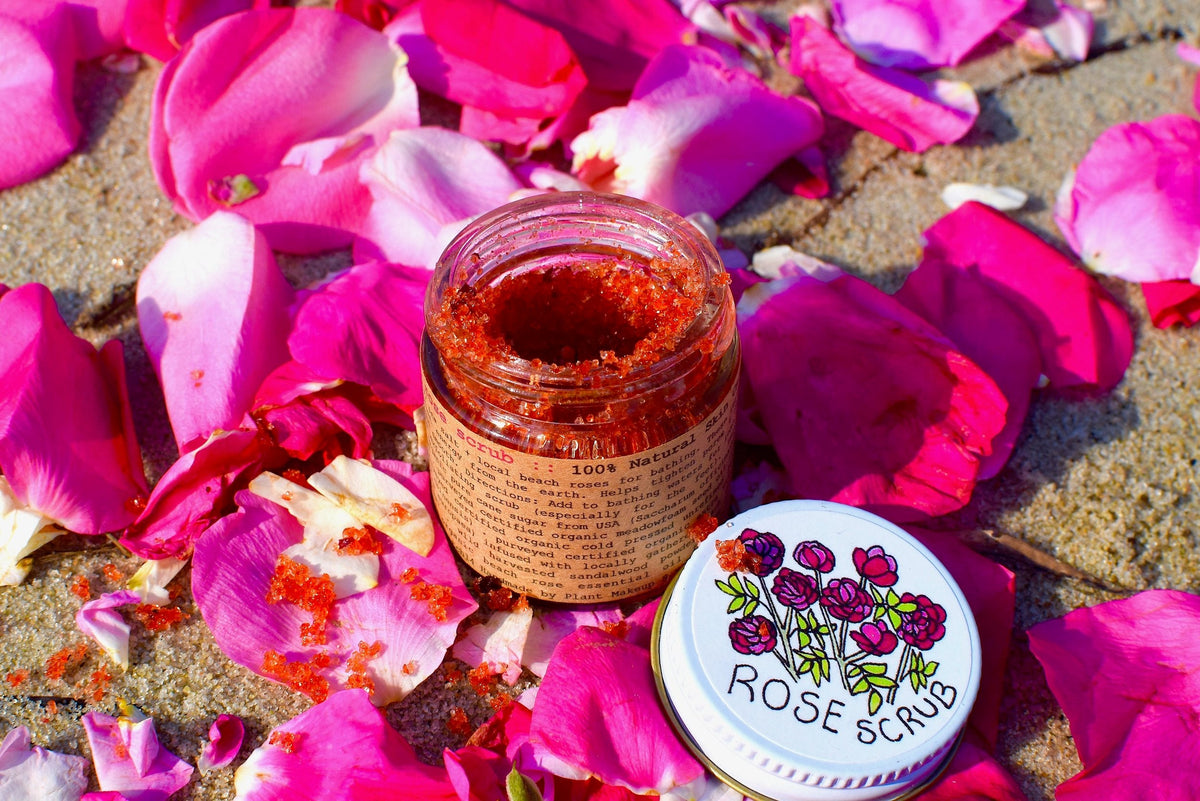 Plant Makeup Beach Rose Scrub in a jar with natural rose exfoliants and botanical ingredients, ready for skincare use.