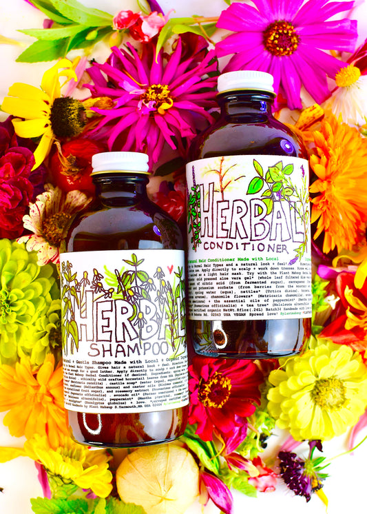 Herbal shampoo bottle by Plant Makeup with natural ingredients and herbal label, shown on a white background.
