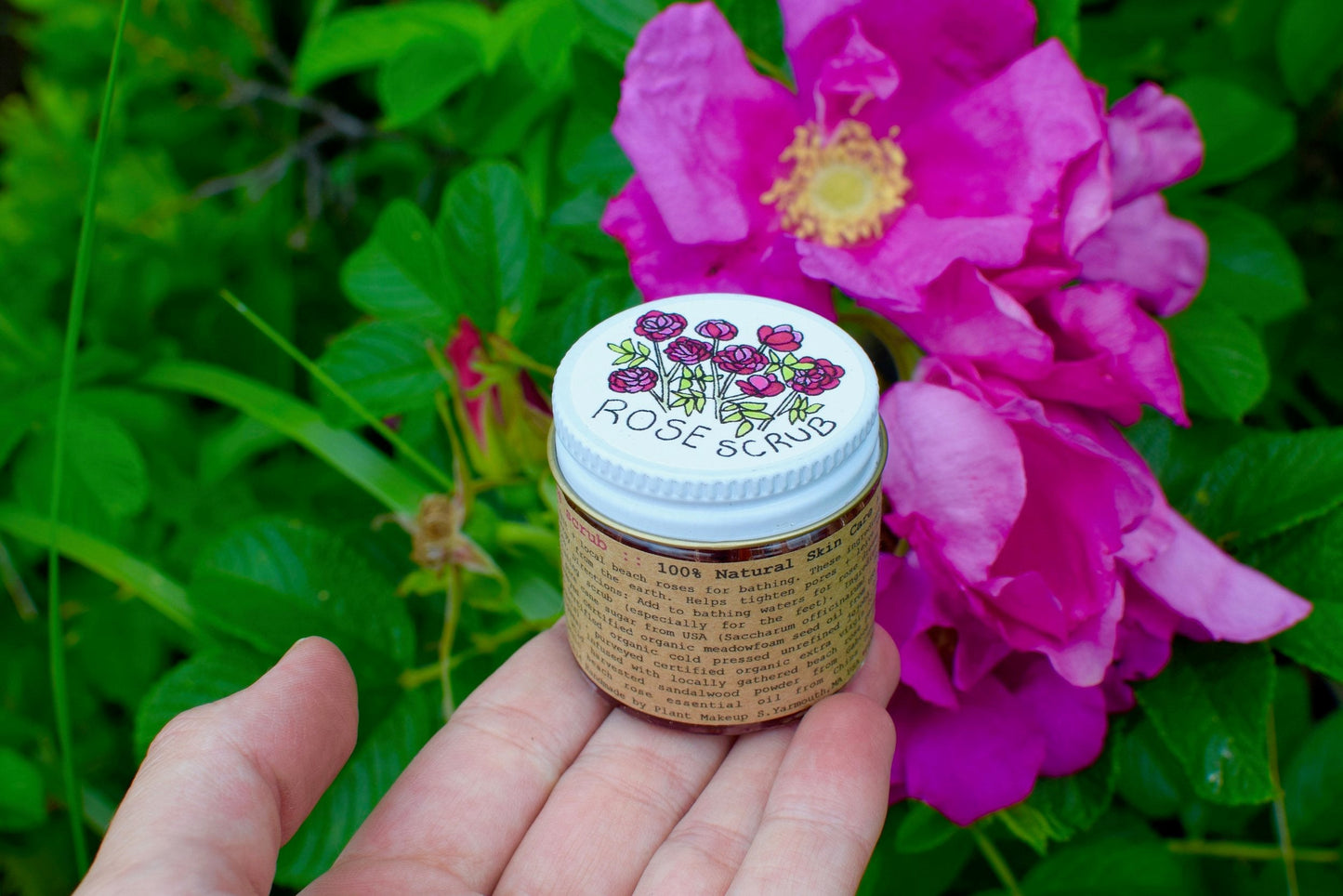 Plant Makeup Beach Rose Scrub in a jar with pink and white rose petals, showcasing natural exfoliating ingredients.