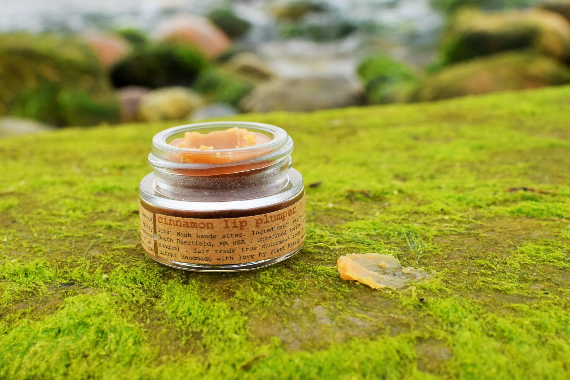 Plant Makeup Cinnamon Lip Plumper showing a close-up of lips with a shiny, plumped appearance and cinnamon-infused gloss.