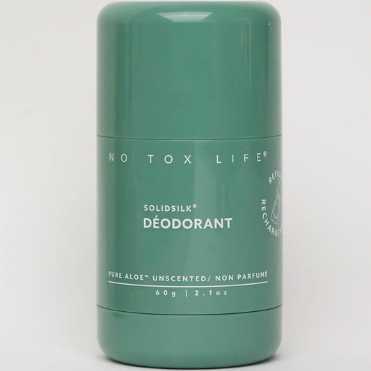 Refillable SOLIDSILK® deodorant stick by NO TOX LIFE, fragrance-free and extra strength, with a sleek silver container.