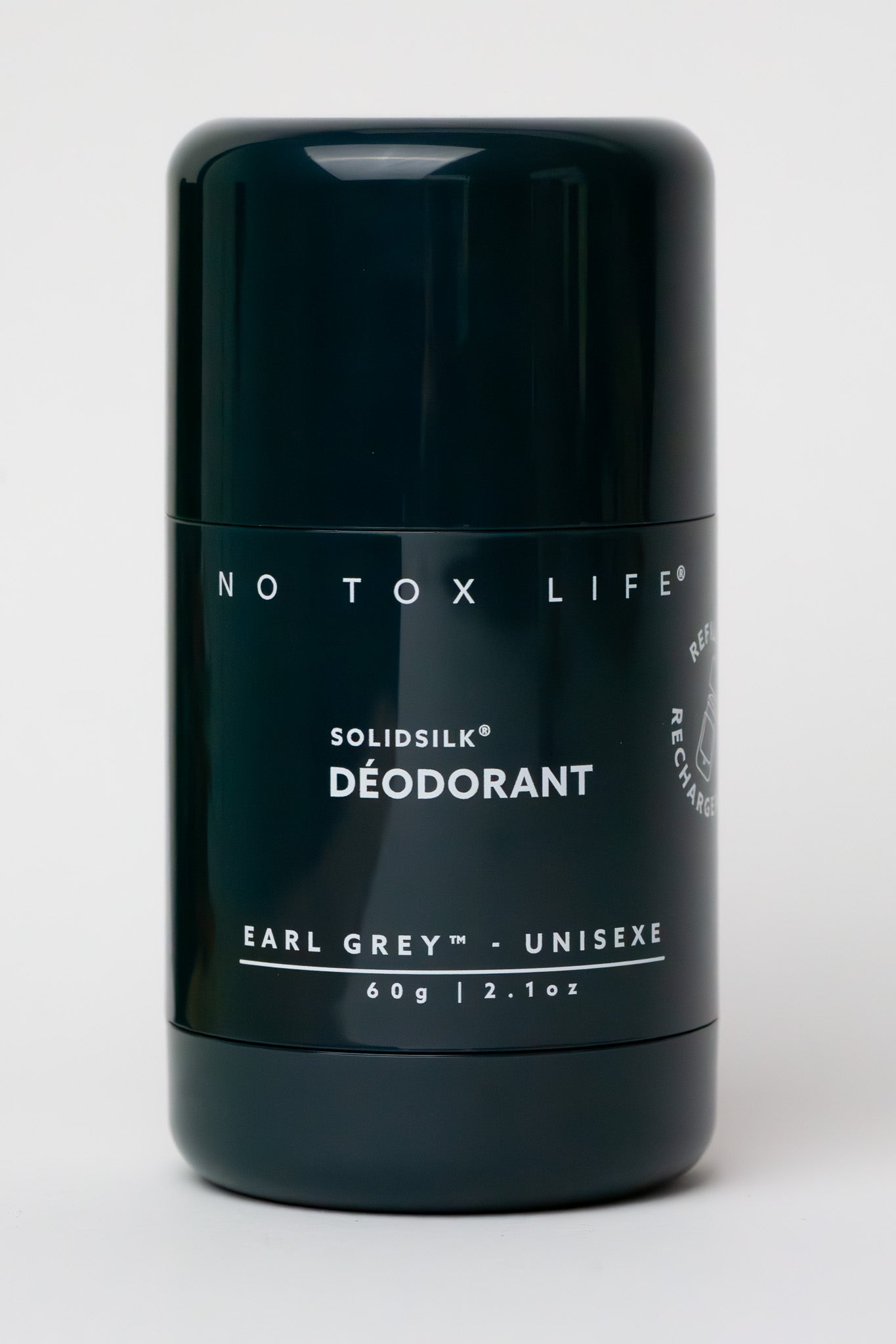 Refillable SOLIDSILK® Earl Grey deodorant stick by NO TOX LIFE, extra strength natural deodorant with sleek packaging.